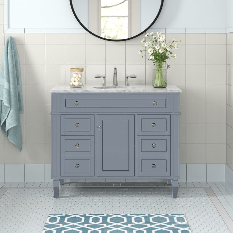 Gray Solid Wood and Marble Single Bathroom Vanity with Porcelain Sink