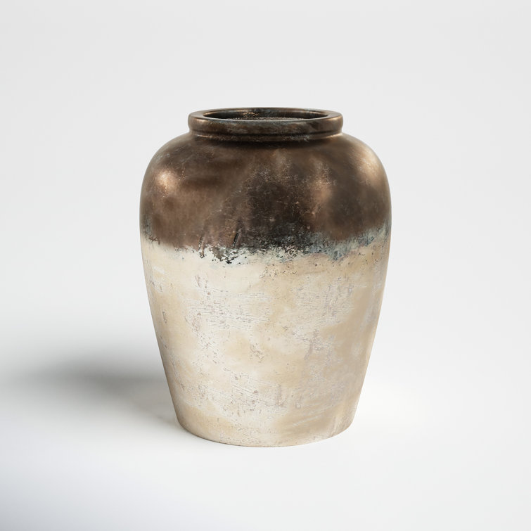 Candia 15.8'' Matte Beige and Metallic Copper Ceramic Vase
