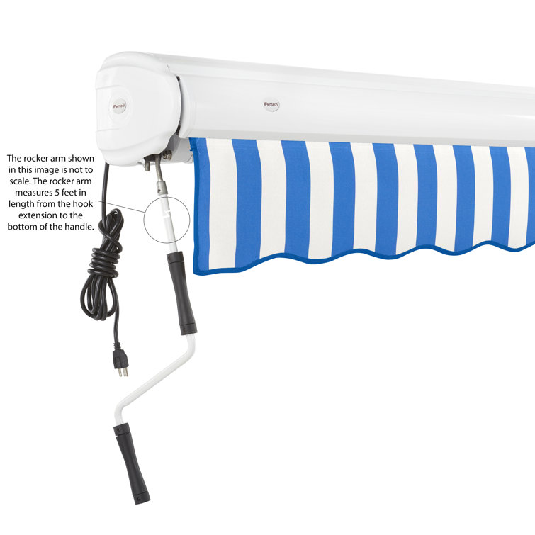 Blue and White Striped Motorized Retractable Patio Awning with Cassette