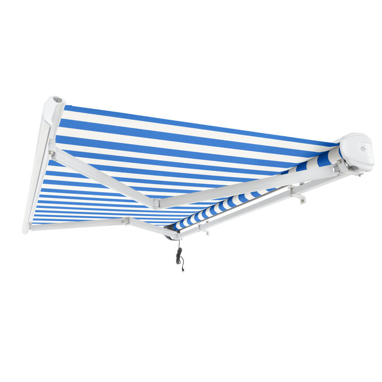 Blue and White Striped Motorized Retractable Patio Awning with Cassette