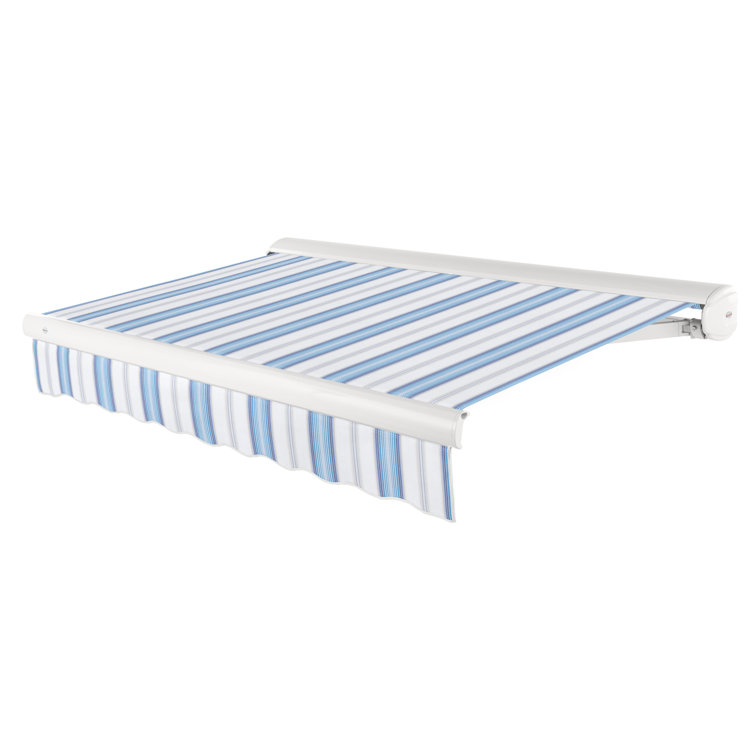 Blue and White Striped Motorized Retractable Patio Awning with Cassette