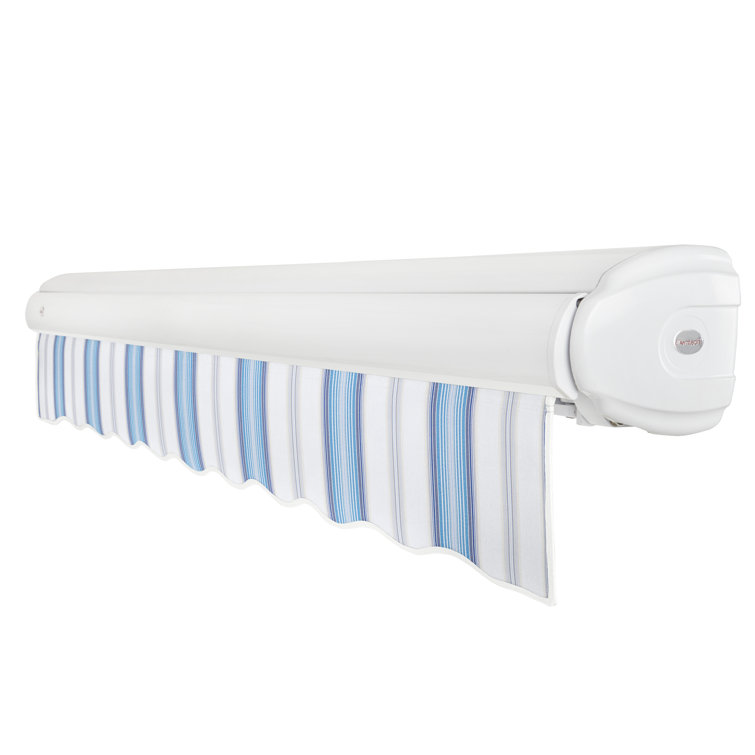 Blue and White Striped Motorized Retractable Patio Awning with Cassette