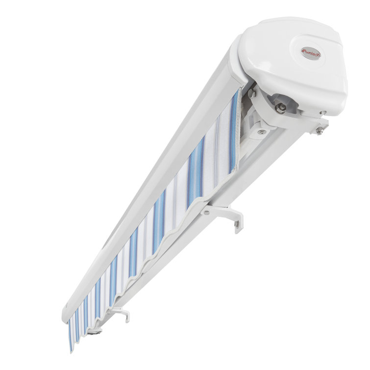 Blue and White Striped Motorized Retractable Patio Awning with Cassette