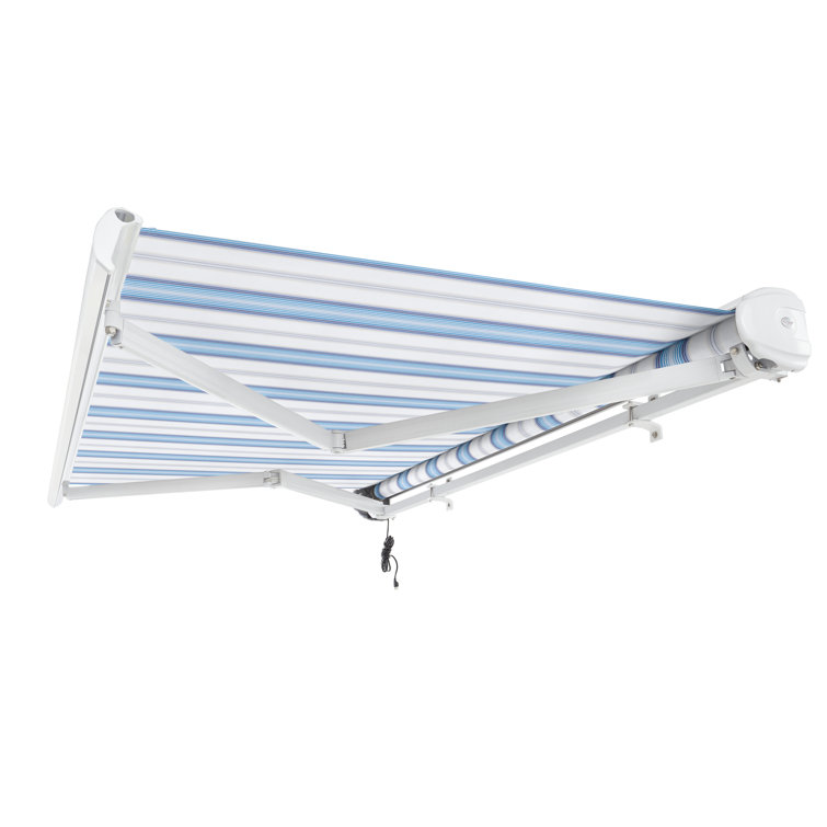 Blue and White Striped Motorized Retractable Patio Awning with Cassette
