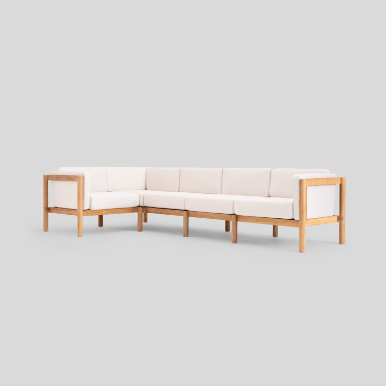 Five Piece Teak and Canvas Outdoor Sectional with Cushion Arms