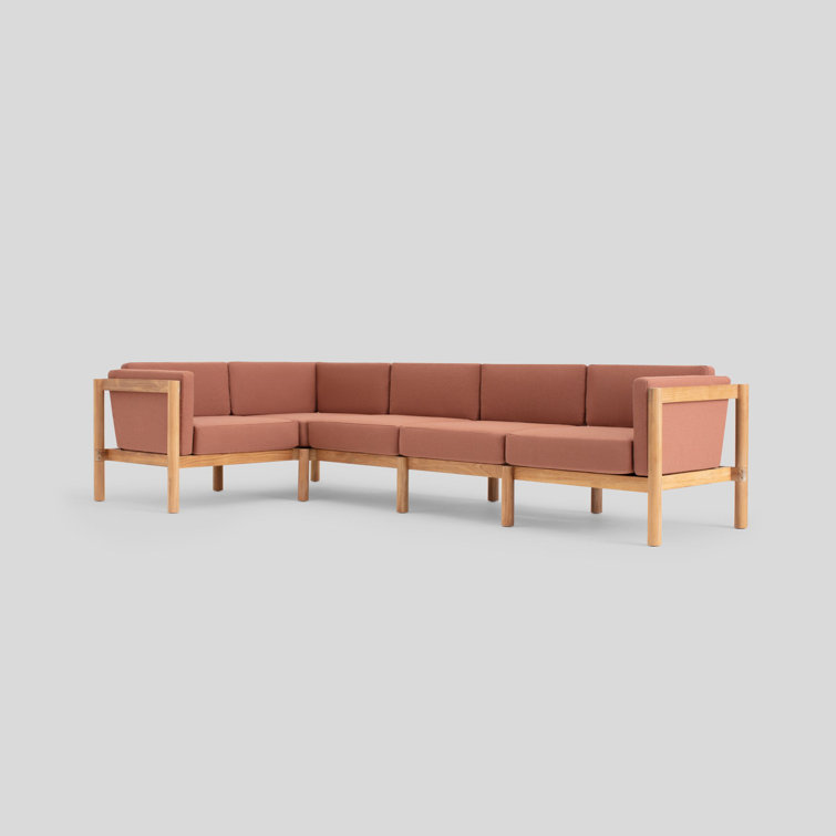 Five Piece Teak Outdoor Sectional with Rust Sunbrella Cushions