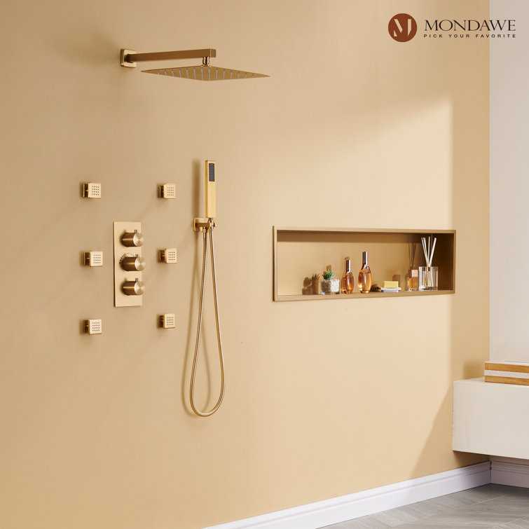 Brushed Gold Wall Mounted Rain Shower System with Handheld and Body Jets