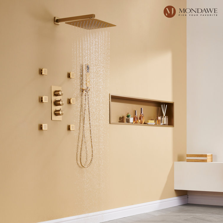 Brushed Gold Wall Mounted Rain Shower System with Handheld and Body Jets
