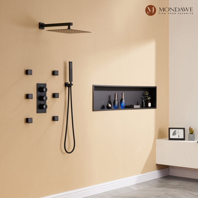 Matte Black Thermostatic Shower System with Handheld Spray and Body Jets