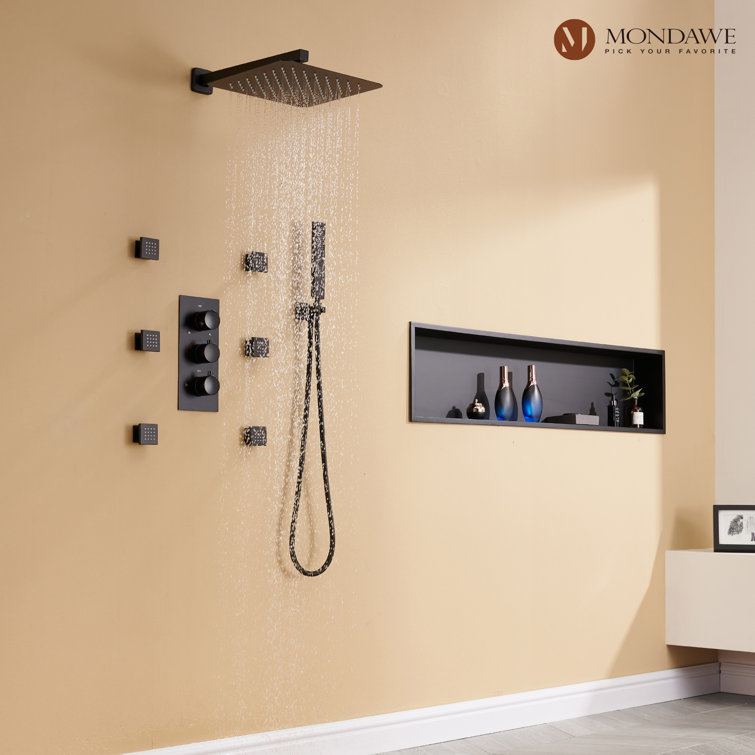 Matte Black Thermostatic Shower System with Handheld Spray and Body Jets