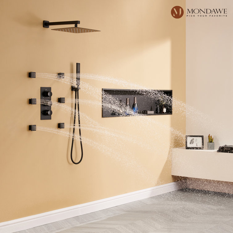 Matte Black Thermostatic Shower System with Handheld Spray and Body Jets