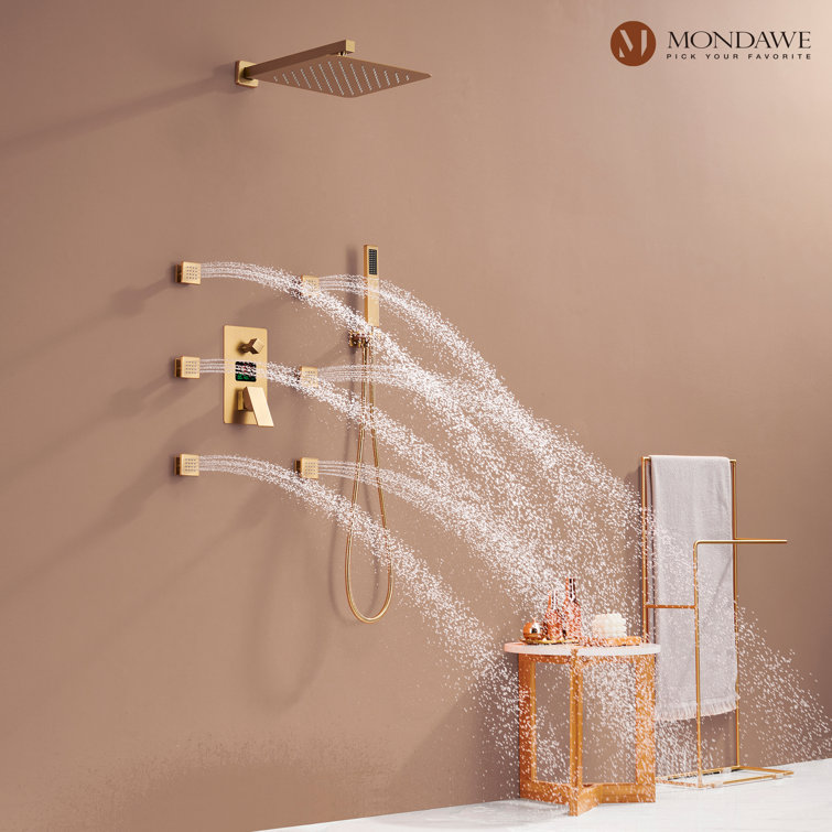 Brushed Gold Wall Mounted Dual Shower System with Digital Display