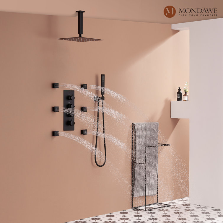Matte Black Ceiling Mounted Shower System with Handheld and Body Jets