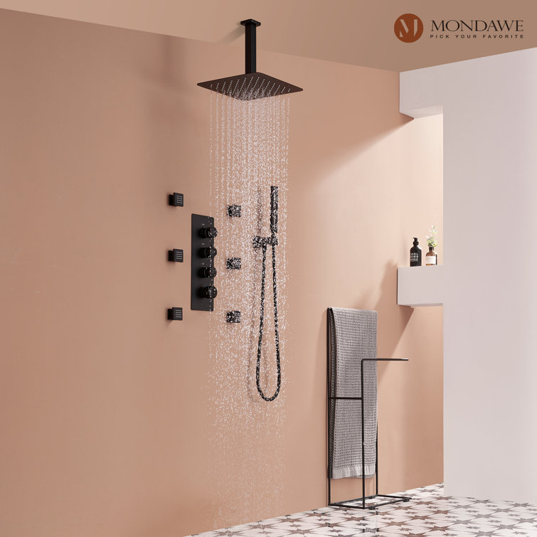 Matte Black Ceiling Mounted Shower System with Handheld and Body Jets