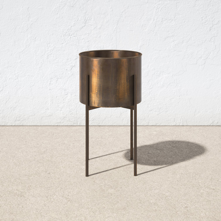 Weathered Brass Round Metal Planter with Stand