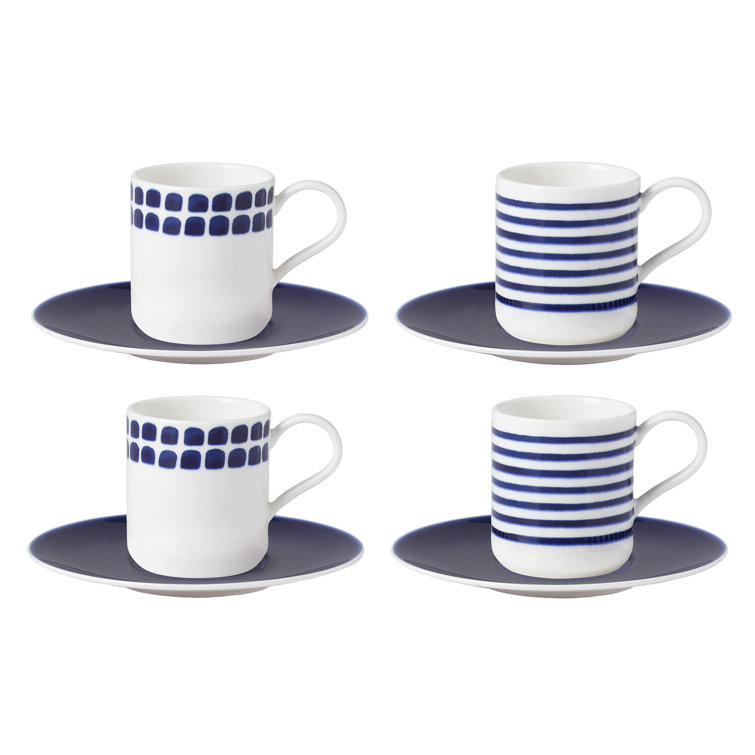 Blue and White Ceramic Espresso Cup and Saucer Set, 4-Piece