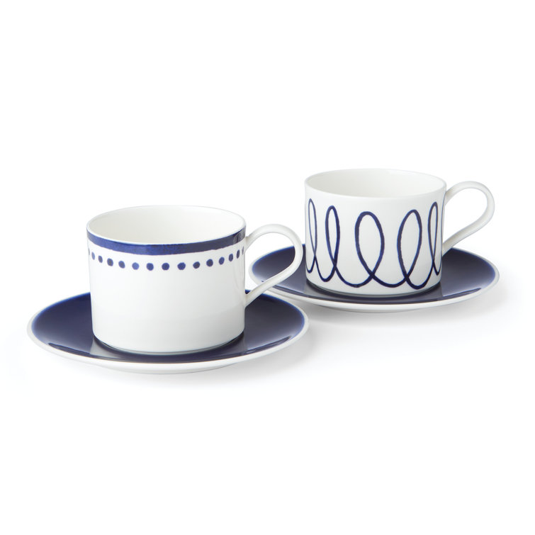White and Blue Ceramic Cup and Saucer Set, 4 Count