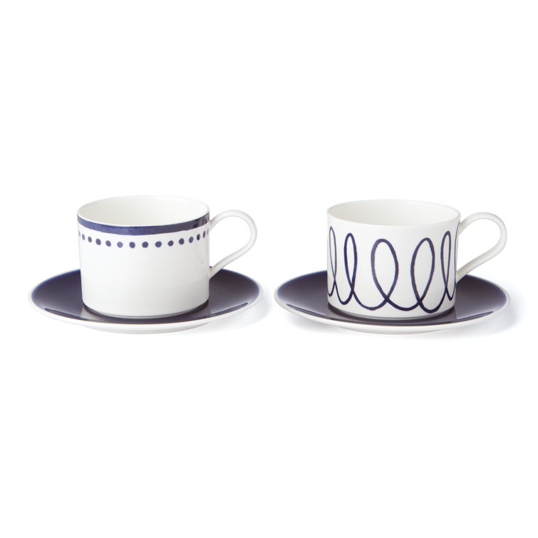 White and Blue Ceramic Cup and Saucer Set, 4 Count