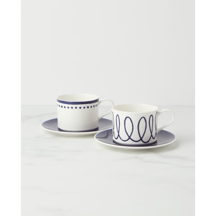 White and Blue Ceramic Cup and Saucer Set, 4 Count