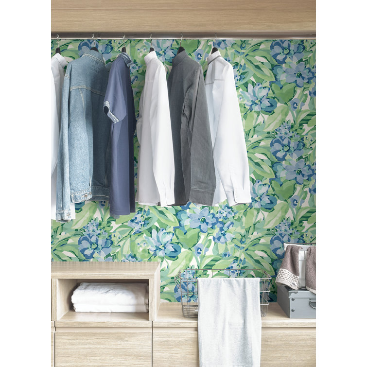 Heather Green and Blue Vinyl Floral Peel and Stick Wallpaper