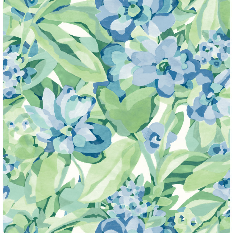 Heather Green and Blue Vinyl Floral Peel and Stick Wallpaper