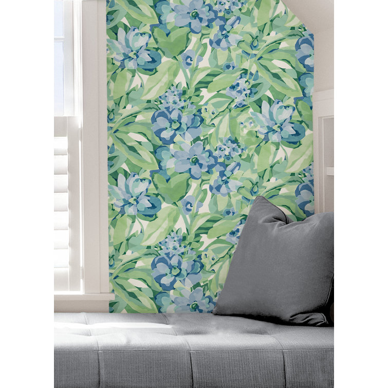 Heather Green and Blue Vinyl Floral Peel and Stick Wallpaper