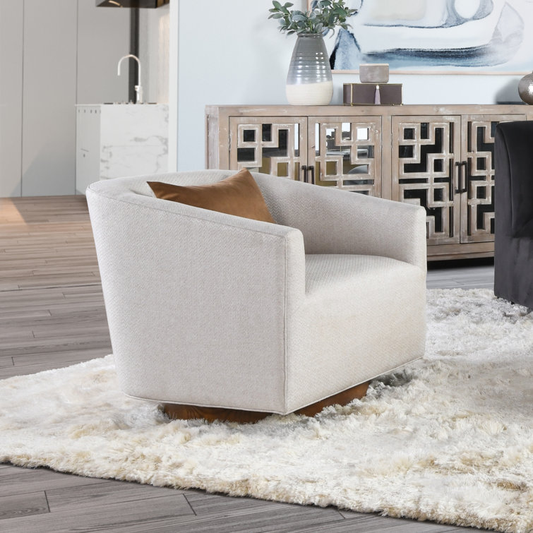 French Beige Basketweave Swivel Accent Chair with Wood Base