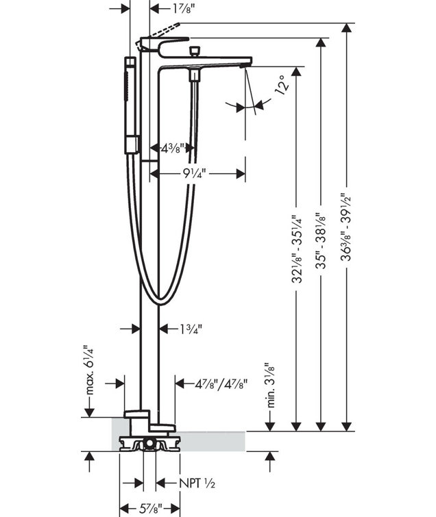 Chrome Brass Floor Mounted Tub Filler with Handshower