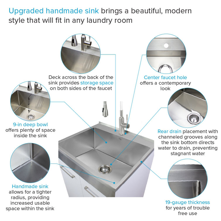 24-Inch White Freestanding Stainless Steel Laundry Sink with Faucet