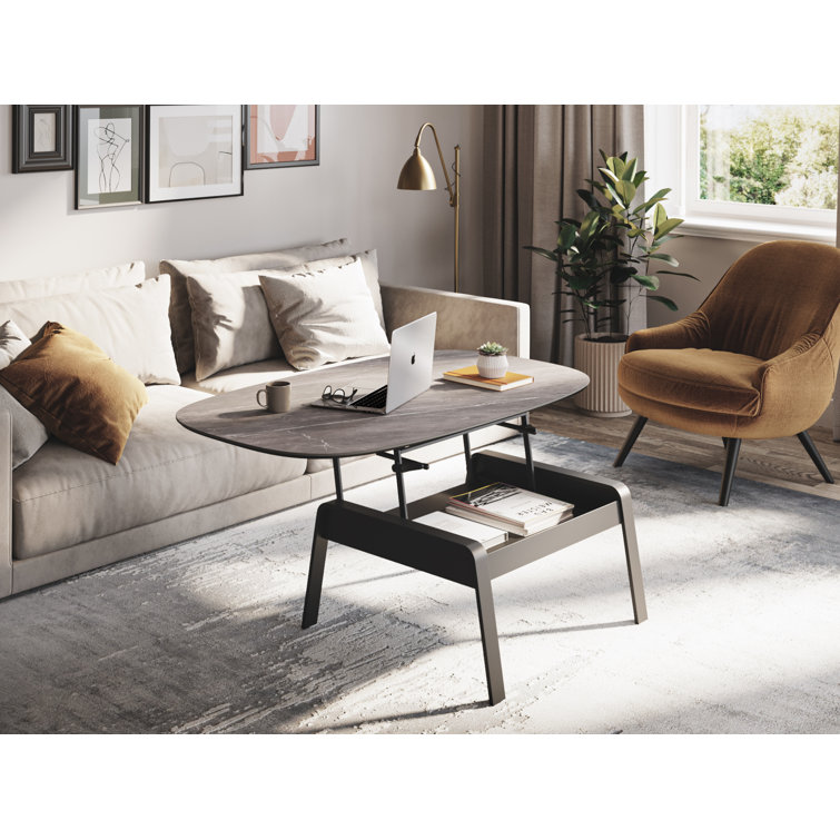 Alto Gray Oval Porcelain Lift-Top Coffee Table with Black Metal Base