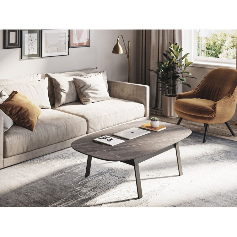 Alto Gray Oval Porcelain Lift-Top Coffee Table with Black Metal Base