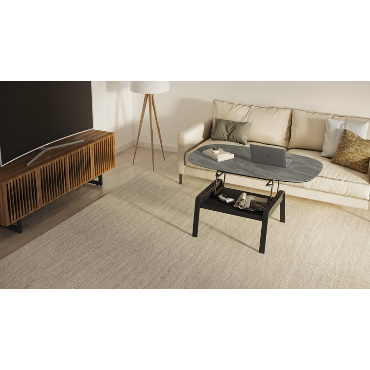 Alto Gray Oval Porcelain Lift-Top Coffee Table with Black Metal Base