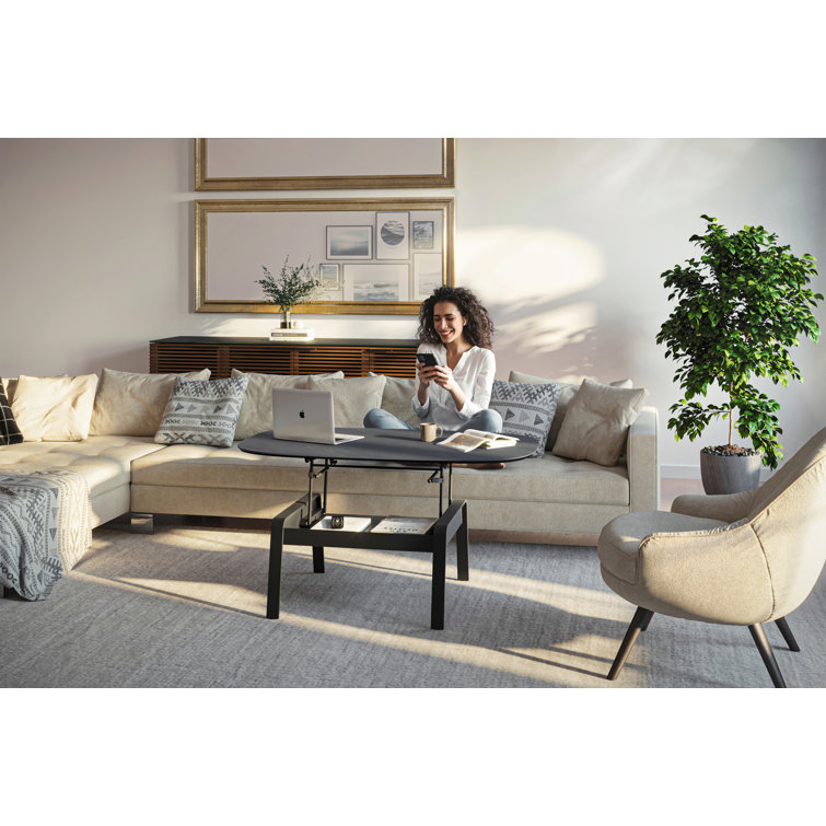 Alto Gray Oval Porcelain Lift-Top Coffee Table with Black Metal Base