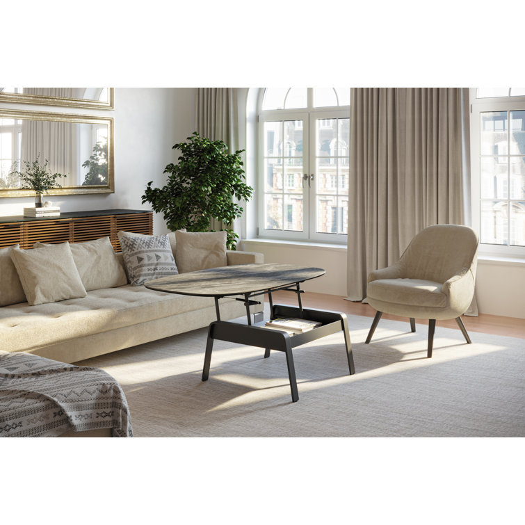 Alto Gray Oval Porcelain Lift-Top Coffee Table with Black Metal Base