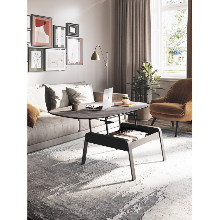 Alto Gray Oval Porcelain Lift-Top Coffee Table with Black Metal Base