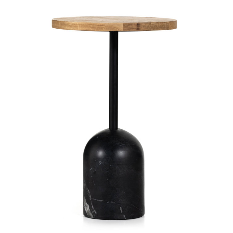 Sleek Black Marble and Oak Round Pedestal Accent Table