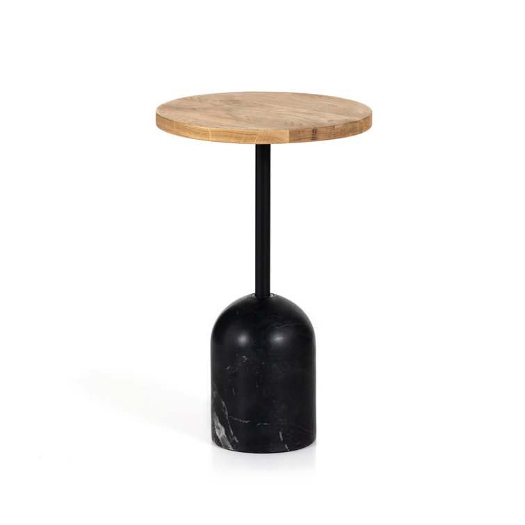 Sleek Black Marble and Oak Round Pedestal Accent Table