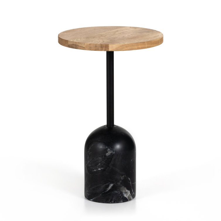 Sleek Black Marble and Oak Round Pedestal Accent Table
