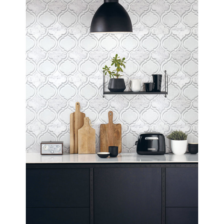 Taupe Glass and Marble Arabesque Mosaic Wall Tile