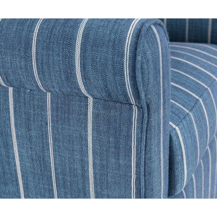 Blue Striped Linen Swivel Accent Chair with Rolled Arms