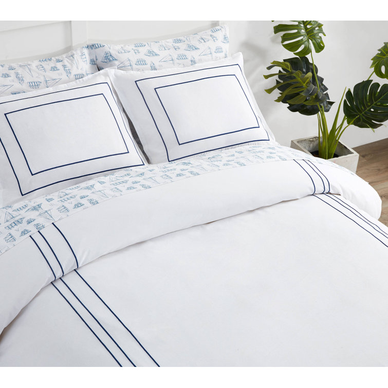 King White Cotton Duvet Cover Set with Navy Trim