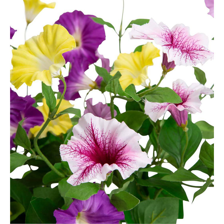Purple and Yellow Artificial Petunias in Brown Pot