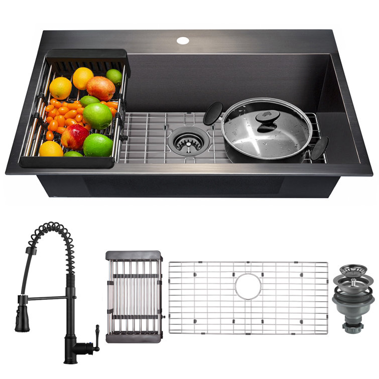 33-Inch Matte Black Stainless Steel Single Bowl Kitchen Sink Kit