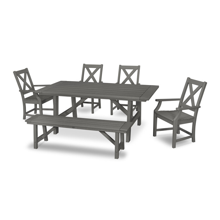 Slate Gray 6-Person Outdoor Dining Set with Bench and Arm Chairs
