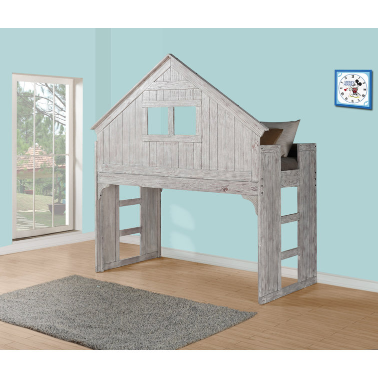 Rustic Loft Full/Double Bed Frame with Pine Wood Headboard in Brushed Driftwood