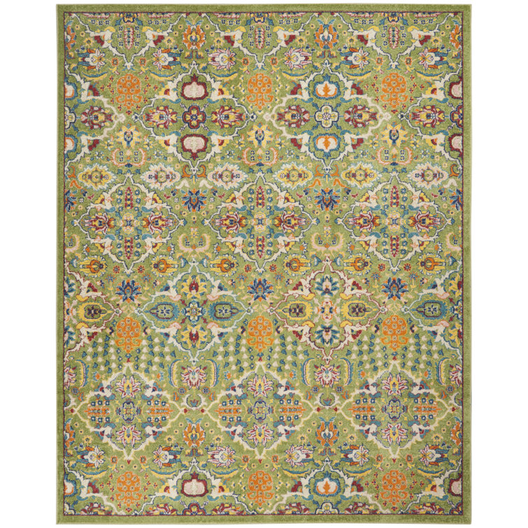 Large Green Floral Machine Woven Performance Rug