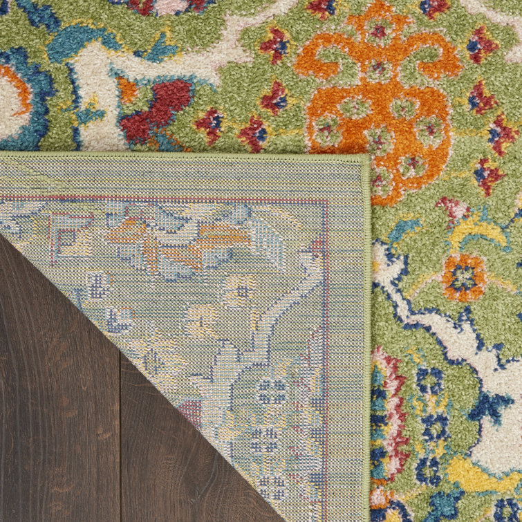 Large Green Floral Machine Woven Performance Rug