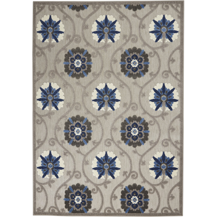 Aloha Floral Blue/Grey Synthetic 5'3" x 7'5" Indoor/Outdoor Rug