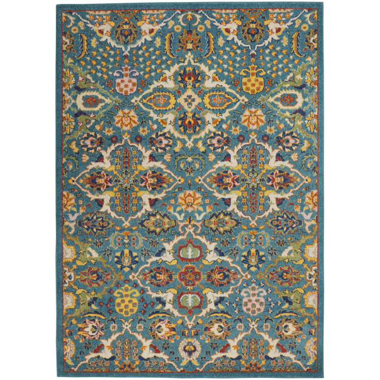 Turquoise Ivory Floral Easy-Care Synthetic 6' x 9' Area Rug