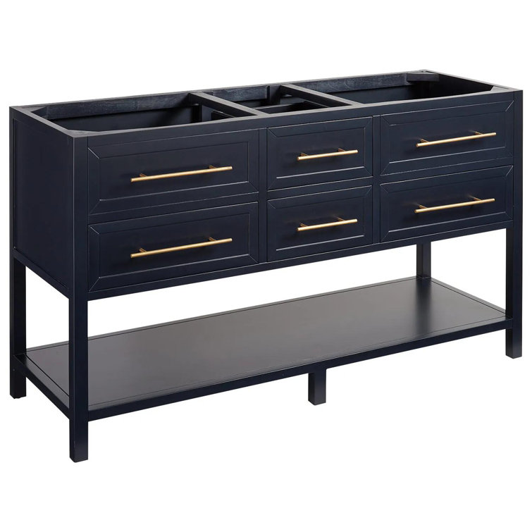 60" Midnight Navy Blue Mahogany Double Bathroom Vanity with Brass Pulls
